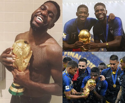 Samuel Umtiti se bañó con la Copa del Mundo