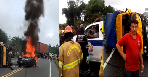 Un muerto y dos heridos por choque e incendio en la vía Quevedo-Santo Domingo