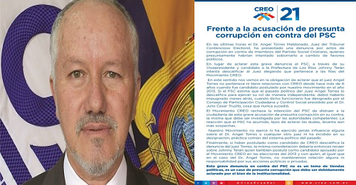 El juez Ángel Torres no pertenece ni tiene relaciones con CREO desde el 2013 al igual que Terán