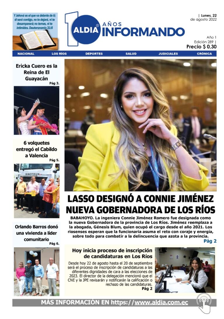Edición 22 de agosto de 2022- Lasso designa a Connie Jimenez nueva Gobernadora de Los Ríos