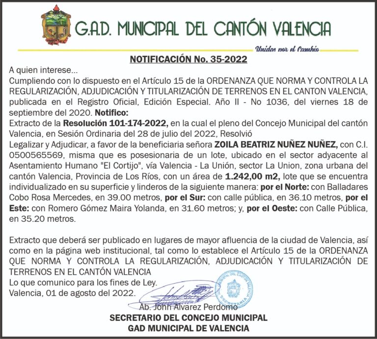 NOTIFICACIÓN INDIVIDUALIZADA NO. 35-2022 DEL G.A.D MUNICIPAL DEL CANTÓN VALENCIA