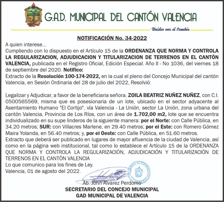 NOTIFICACIÓN INDIVIDUALIZADA NO. 34-2022 DEL G.A.D MUNICIPAL DEL CANTÓN VALENCIA