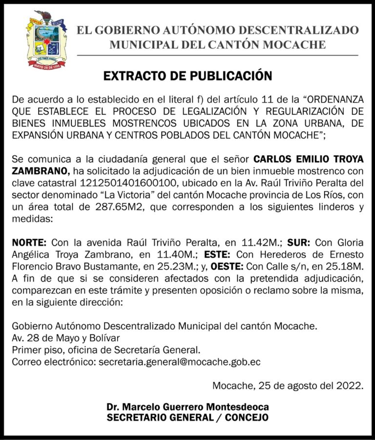 EXTRACTO DE PUBLICACIÓN  DE EL GOBIERNO AUTÓNOMO DESCENTRALIZADO MUNICIPAL DEL CANTÓN MOCAHE
