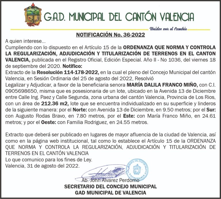 NOTIFICACIÓN INDIVIDUALIZADA NO. 36-2022 DEL G.A.D MUNICIPAL DEL CANTÓN VALENCIA