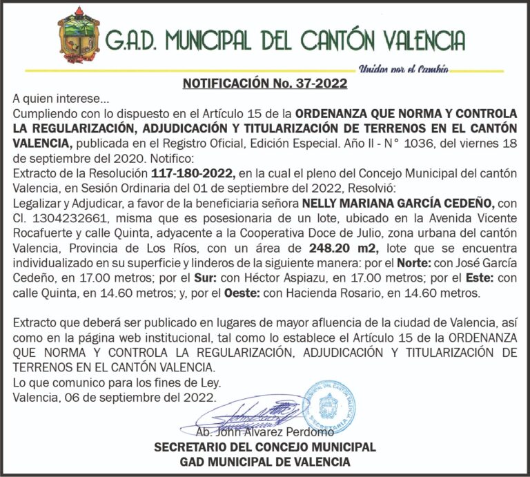 NOTIFICACIÓN INDIVIDUALIZADA NO. 37-2022 DEL G.A.D MUNICIPAL DEL CANTÓN VALENCIA