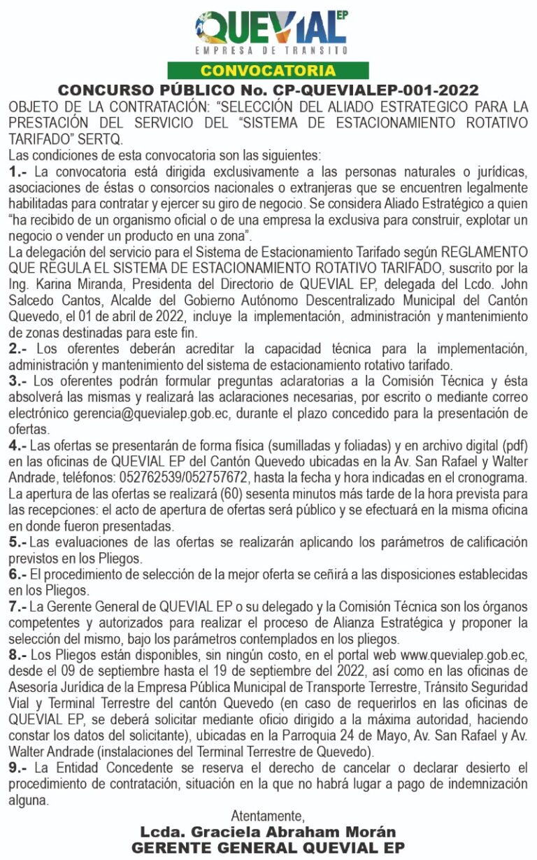 CONVOCATORIA QUEVIAL-CONCURSO PÚBLICO No. CP QUEVIALEP-001-2022