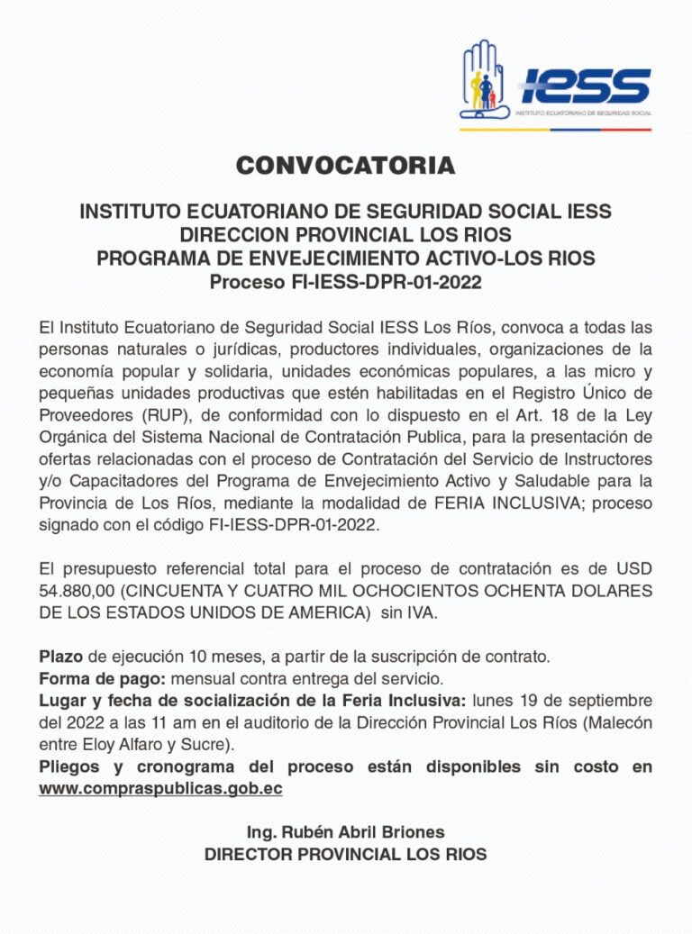 CONVOCATORIA DEL INSTITUTO ECUATORIANO DE SEGURIDAD SOCIAL IES-DIRECCION PROVINCIAL LOS RIOS