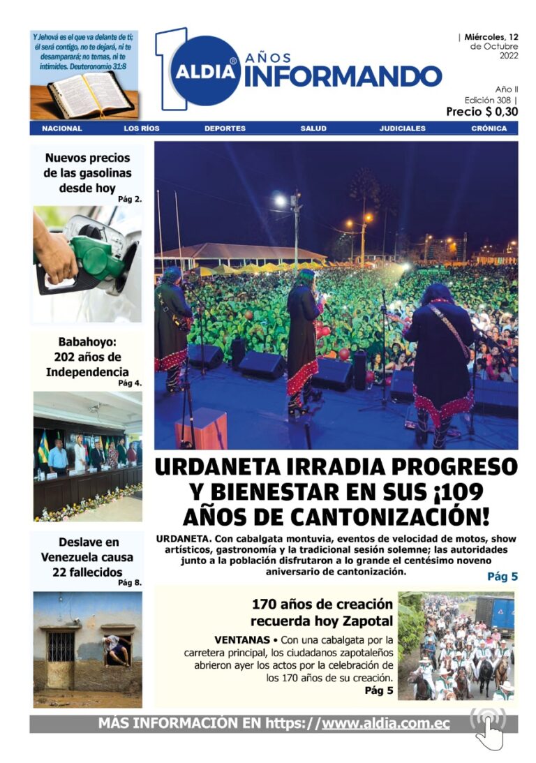 Edición 12-10-2022 Urdaneta irradia progreso y bienestar en sus ¡109 años de cantonización!
