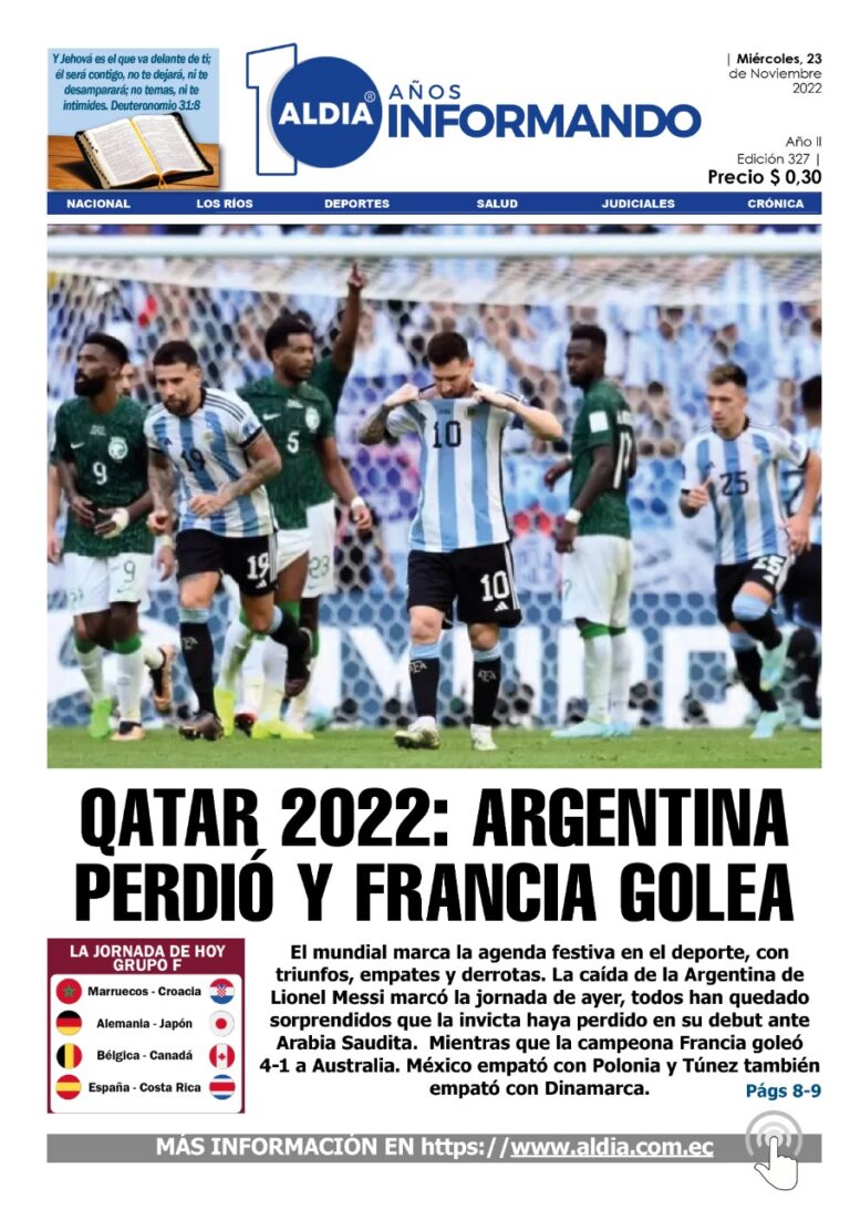 Edición del 23 de noviembre del 2022; Argentina perdió en su debut frente a Arabia Saudita…