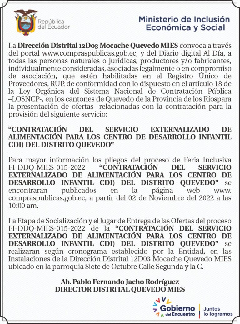 CONVOCATORIA, DIRECCION DISTRITAL 12D03 MOCACHE-QUEVEDO MIES