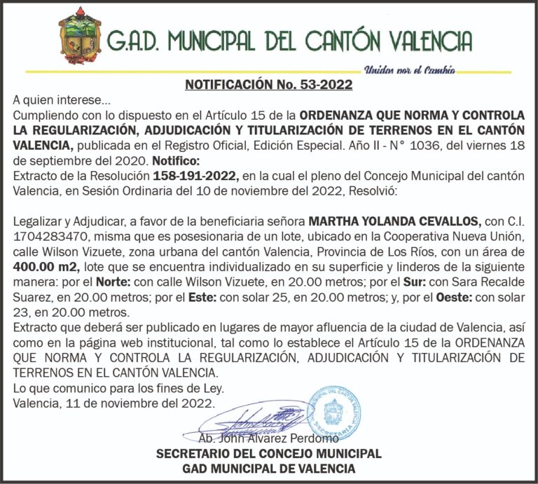 NOTIFICACIÓN INDIVIDUALIZADA NO. 53-2022 DEL G.A.D MUNICIPAL DEL CANTÓN VALENCIA