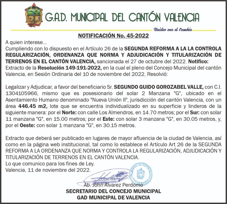 NOTIFICACIÓN INDIVIDUALIZADA NO. 45-2022 DEL G.A.D MUNICIPAL DEL CANTÓN VALENCIA