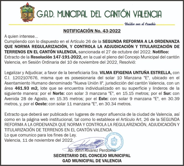 NOTIFICACIÓN INDIVIDUALIZADA NO. 52-2022 DEL G.A.D MUNICIPAL DEL CANTÓN VALENCIA