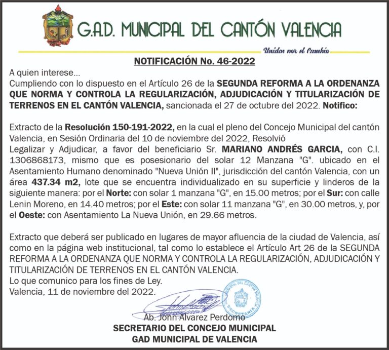NOTIFICACIÓN INDIVIDUALIZADA NO. 46-2022 DEL G.A.D MUNICIPAL DEL CANTÓN VALENCIA