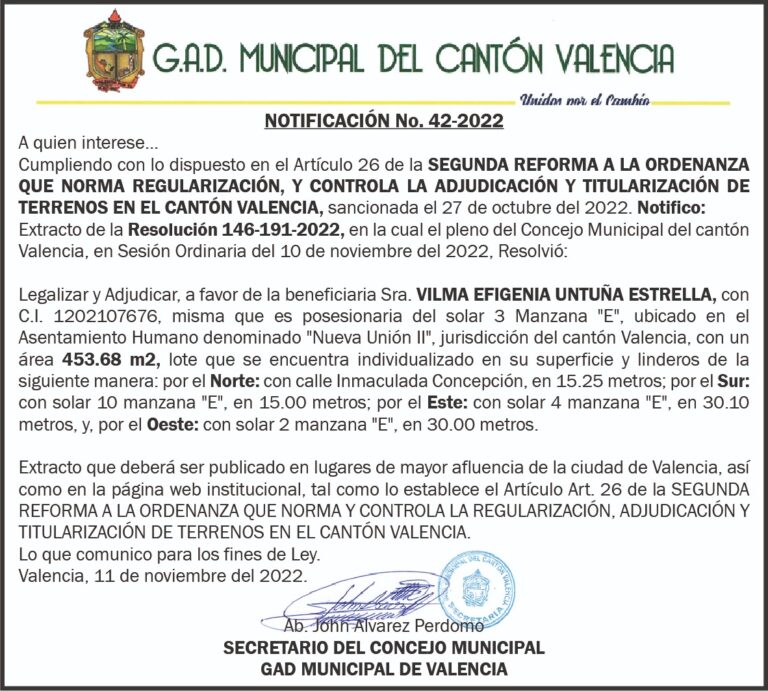 NOTIFICACIÓN INDIVIDUALIZADA NO. 43-2022 DEL G.A.D MUNICIPAL DEL CANTÓN VALENCIA