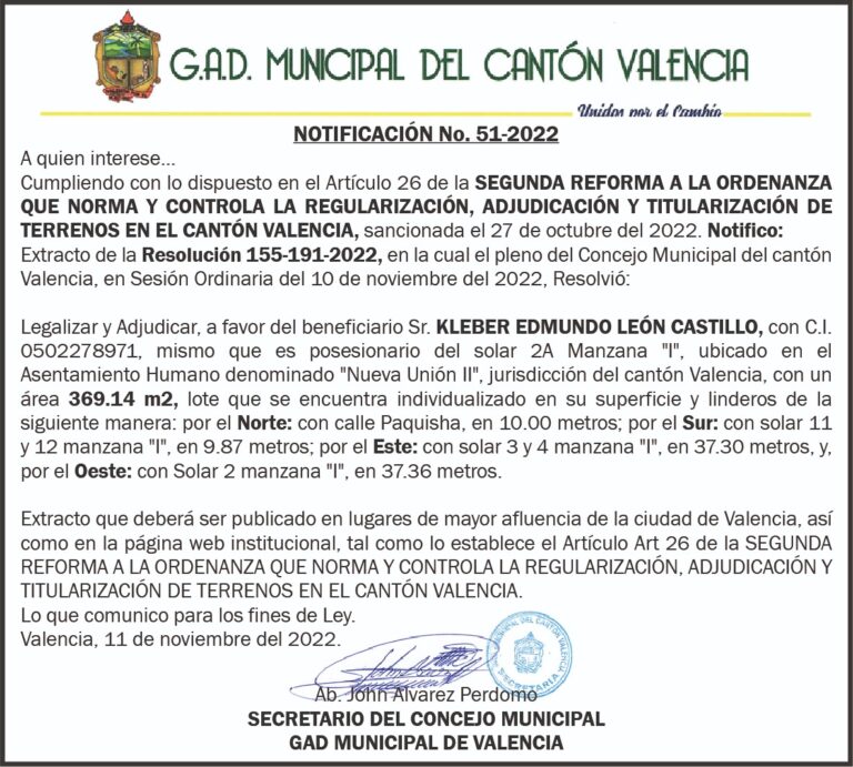 NOTIFICACIÓN INDIVIDUALIZADA NO. 51-2022 DEL G.A.D MUNICIPAL DEL CANTÓN VALENCIA