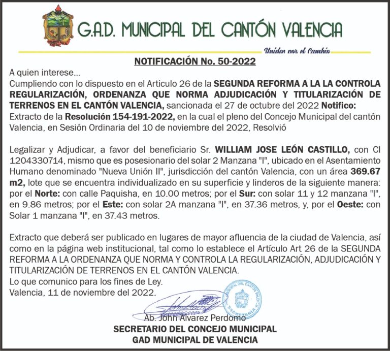 NOTIFICACIÓN INDIVIDUALIZADA NO. 50-2022 DEL G.A.D MUNICIPAL DEL CANTÓN VALENCIA