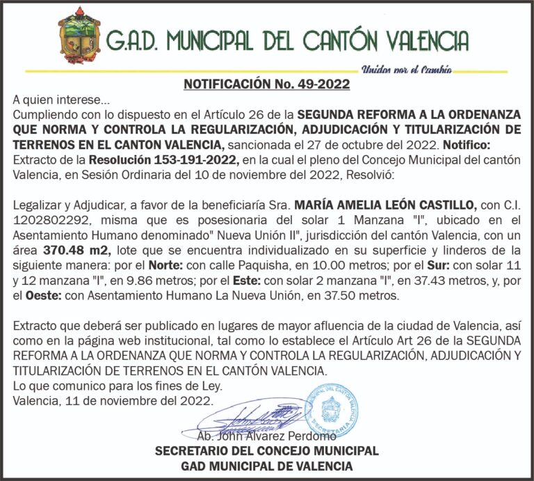 NOTIFICACIÓN INDIVIDUALIZADA NO. 49-2022 DEL G.A.D MUNICIPAL DEL CANTÓN VALENCIA