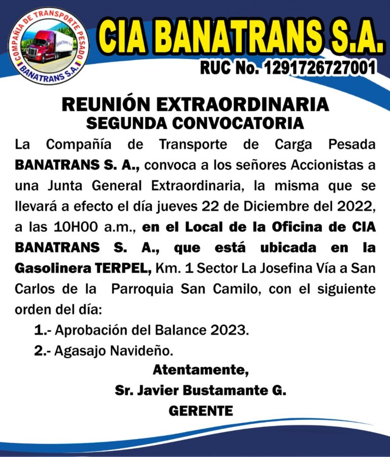 CONVOCATORIA DE LA COMPAÑÍA DE TRANSPORTE DE CARGA PESADA BANATRANS S.A