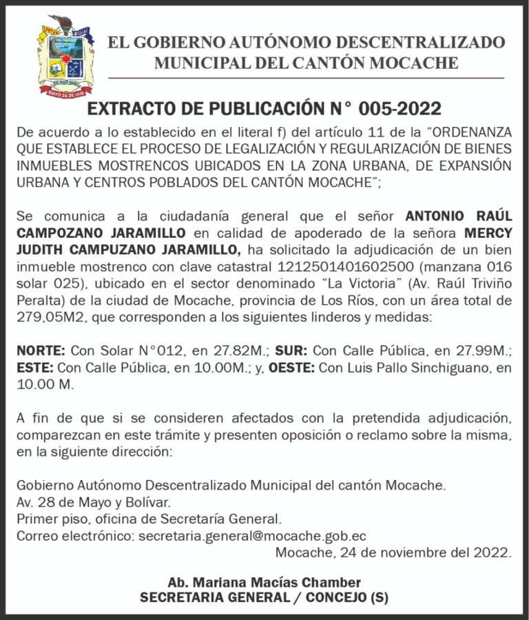 EXTRACTO DE PUBLICACIÓN N.005-2022 DE EL GOBIERNO AUTÓNOMO DESCENTRALIZADO MUNICIPA DEL CANTÓN MOCACHE