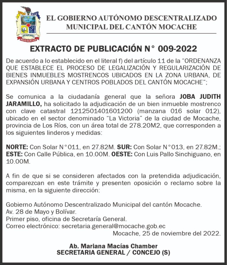 EXTRACTO DE PUBLICACIÓN N.009-2022 DE EL GOBIERNO AUTÓNOMO DESCENTRALIZADO MUNICIPA DEL CANTÓN MOCACHE