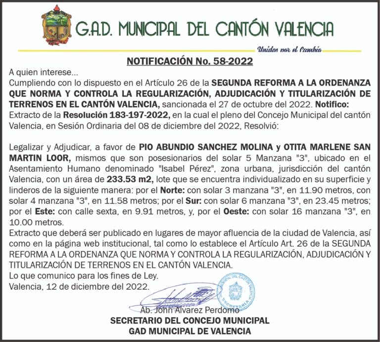 NOTIFICACIÓN INDIVIDUALIZADA NO. 58-2022 DEL G.A.D MUNICIPAL DEL CANTÓN VALENCIA