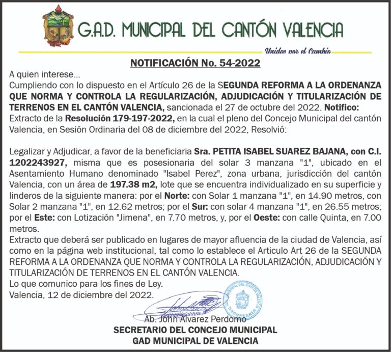 NOTIFICACIÓN INDIVIDUALIZADA NO. 54-2022 DEL G.A.D MUNICIPAL DEL CANTÓN VALENCIA