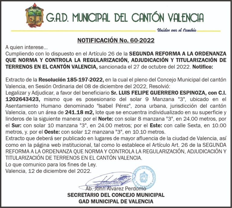 NOTIFICACIÓN INDIVIDUALIZADA NO. 60-2022 DEL G.A.D MUNICIPAL DEL CANTÓN VALENCIA