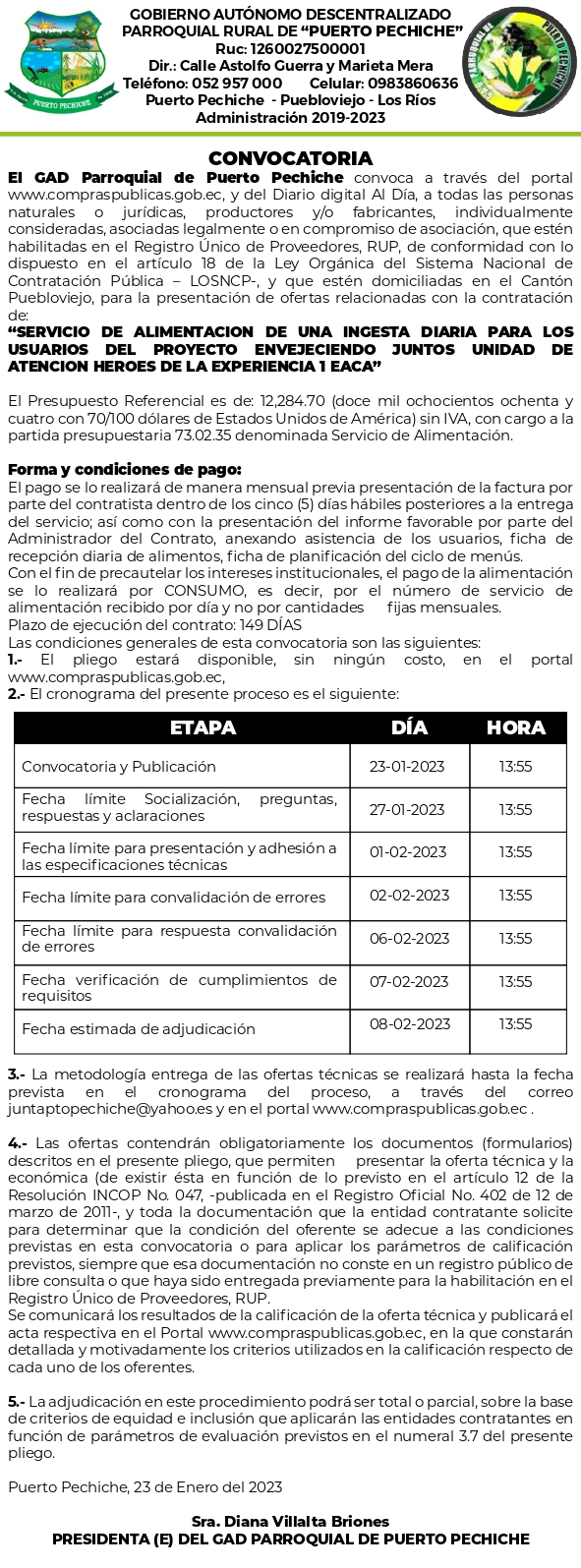 CONVOCATORIA DEL GAD PARROQUIAL RURAL “PUERTO PECHICHE”