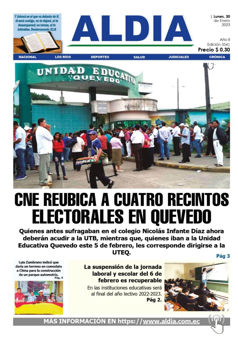 Edición del 30 de enero del 2023: El CNE reubica a cuatro recintos electorales de Quevedo