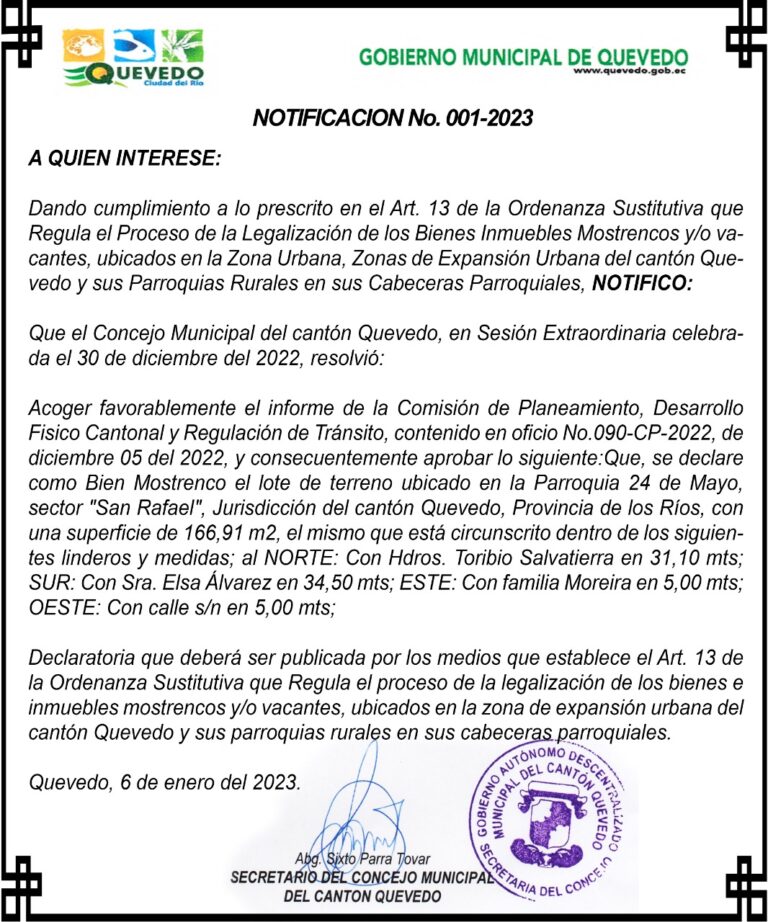 NOTIFICACION No. 001-2023 DEL GOBIERNO MUNICIPAL DE QUEVEDO
