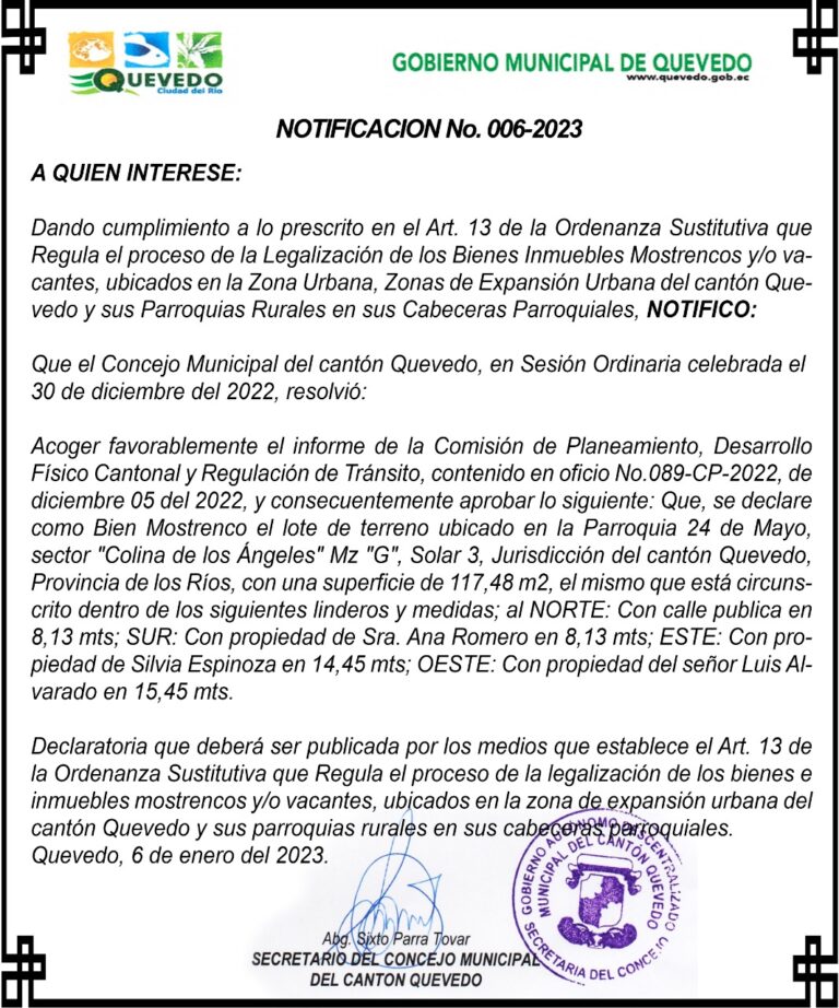 NOTIFICACION No. 006-2023 DEL GOBIERNO MUNICIPAL DE QUEVEDO
