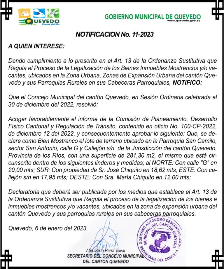NOTIFICACION No. 11-2023 DEL GOBIERNO MUNICIPAL DE QUEVEDO