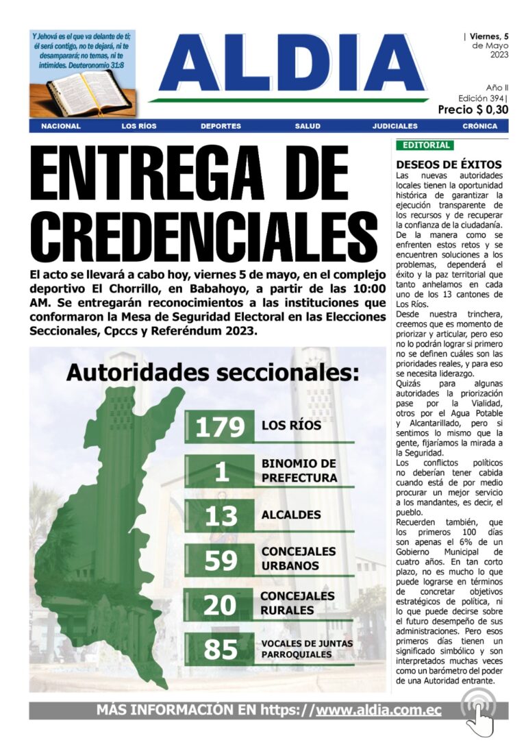Edición del 5 de mayo del 2023: Hoy se  entregan credenciales a 179 autoridades electas en Los Ríos