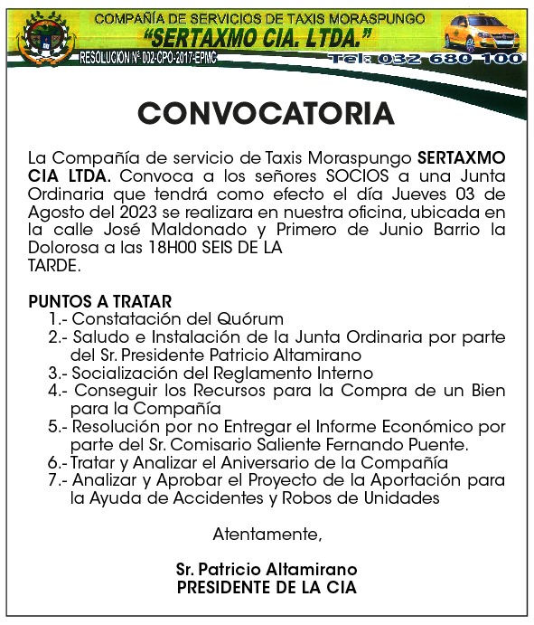 Convocatoria Compañia de Servicios de Taxis Moraspungo SERTAXMO CIA. LTDA.