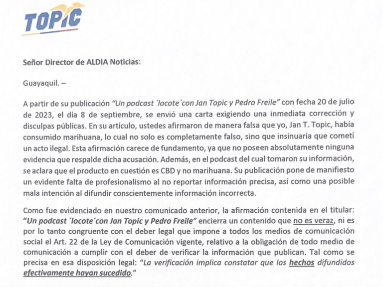 Aclaración: carta enviada por Jan Topic a la redacción de ALDIA