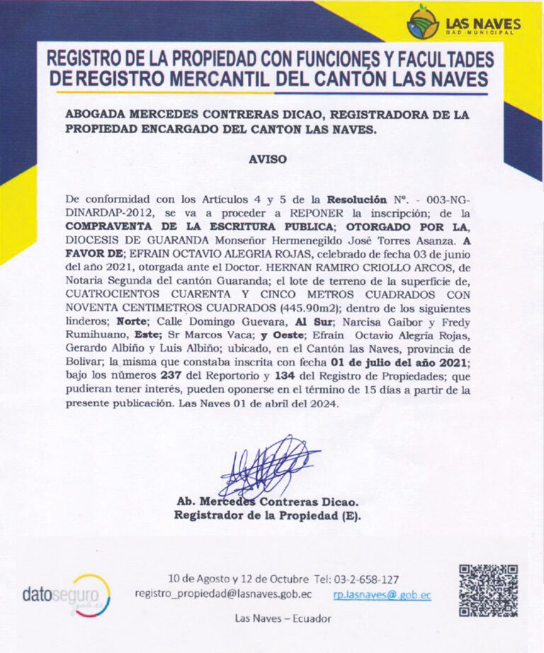 REGISTRO DE LA PROPIEDAD CON FUNCIONES Y FACULTADES DE REGISTRO MERCANTIL DEL CANTÓN LAS NAVES RESOLUCIÓN N. 003-NG-DINARDAP 2012 – REF.0010103