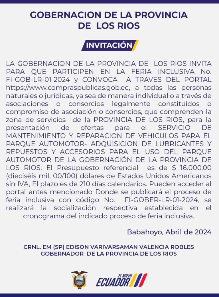 Convocatoria a Feria Inclusiva No. Fl-GOB-LR-01-2024 Gobernación de Los Ríos