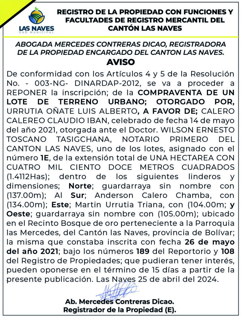 REGISTRO DE LA PROPIEDAD CON FUNCIONES Y FACULTADES DE REGISTRO MERCANTIL DEL CANTÓN LAS NAVES RESOLUCIÓN N. 003-NG-DINARDAP 2012 – REF.0009897