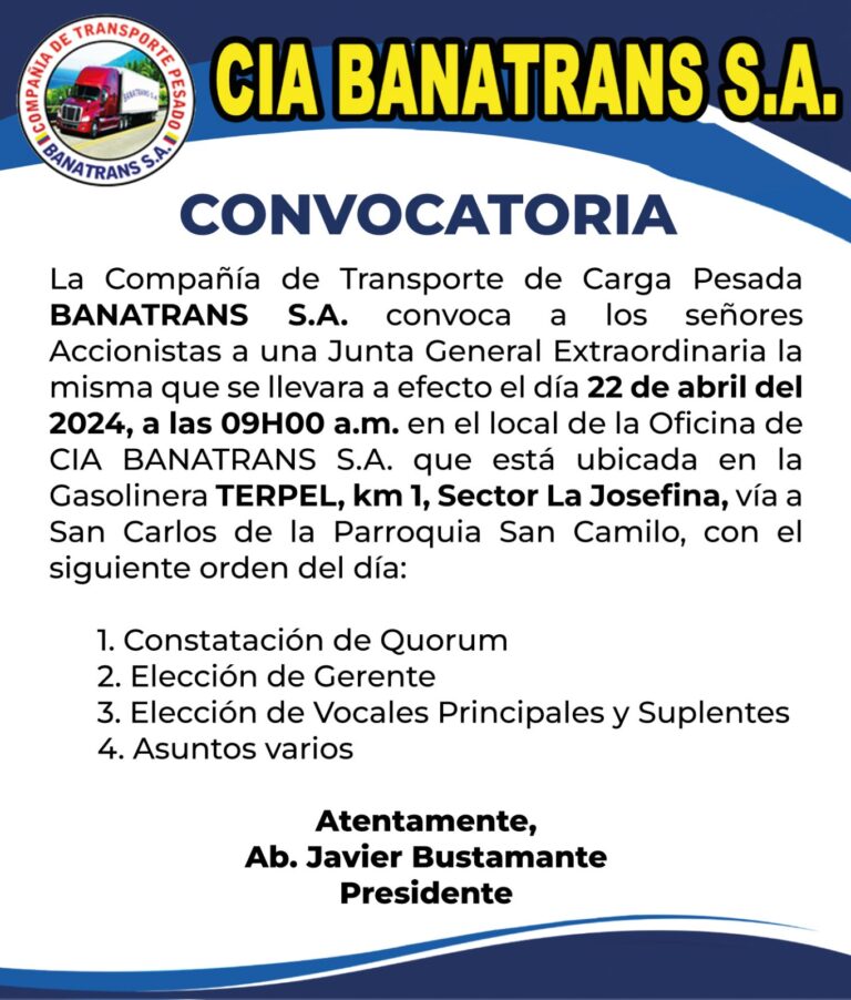 CONVOCATORIA A LOS SOCIOS DE BANATRANS S.A.