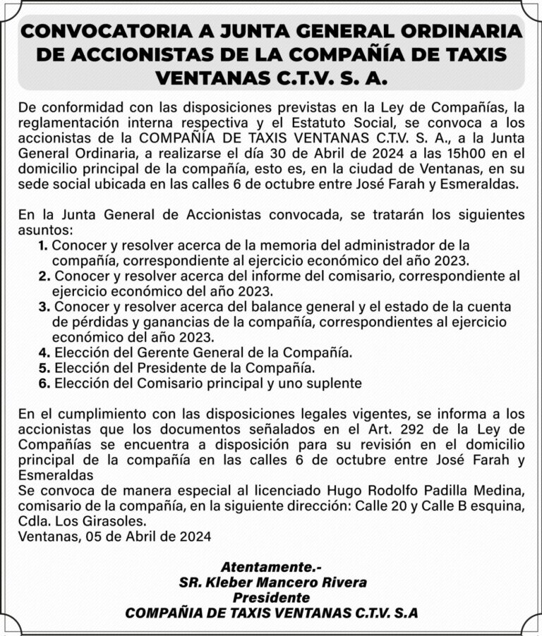 CONVOCATORIA A JUNTA GENERAL ORDINARIA DE ACCIONISTAS DE LA COMPAÑÍA DE TAXIS VENTANAS C.T.V. S.A.