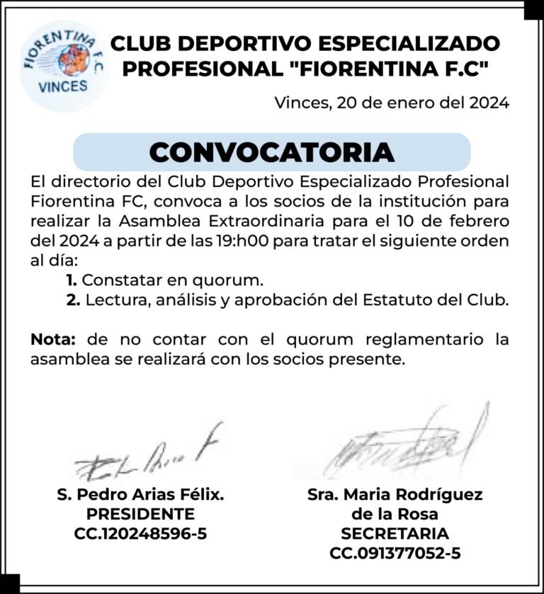 CONVOCATORIA CLUB DEPORTIVO ESPECIALIZADO PROFESIONAL ” FIORENTINA F.C”