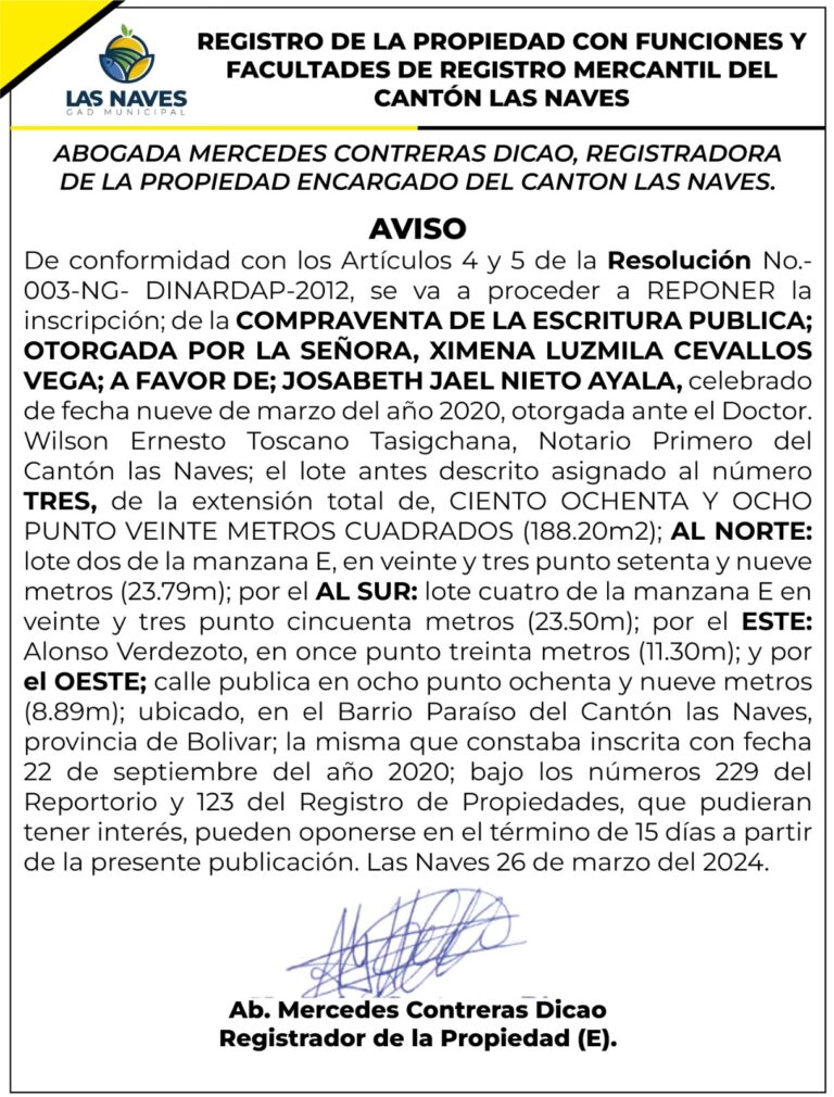 NOTIFICACIÓN: REGISTRO DE LA PROPIEDAD Y MERCANTIL DEL CANTÓN LAS NAVES RESOLUCIÓN N° 003-NG – DINARDAP-2012 – 0010379