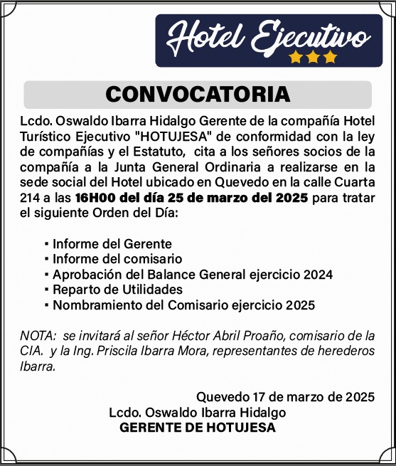 CONVOCATORIA – HOTEL EJECUTIVO