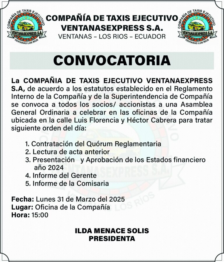 CONVOCATORIA – COMPAÑIA DE TAXIS EJECUTIVO VENTANASEXPRESS S.A