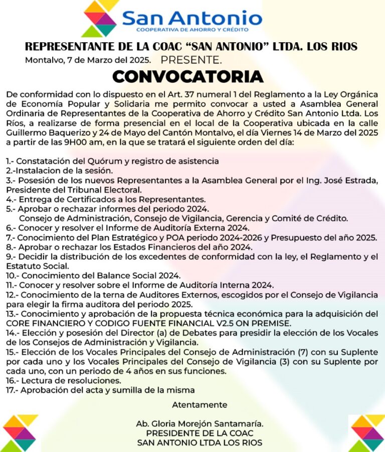 CONVOCATORIA DE LA COOPERATIVA DE AHORRO Y CREDITO SAN ANTONIO LTDA. LOS RIOS