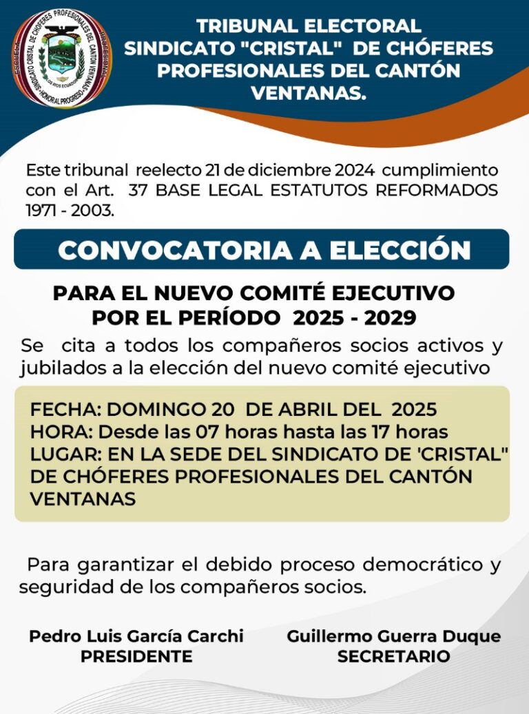 TRIBUNAL ELECTORAL SINDICATO «CRISTAL» DE CHOFERES PROFESIONALES DEL CANTÓN VENTANAS